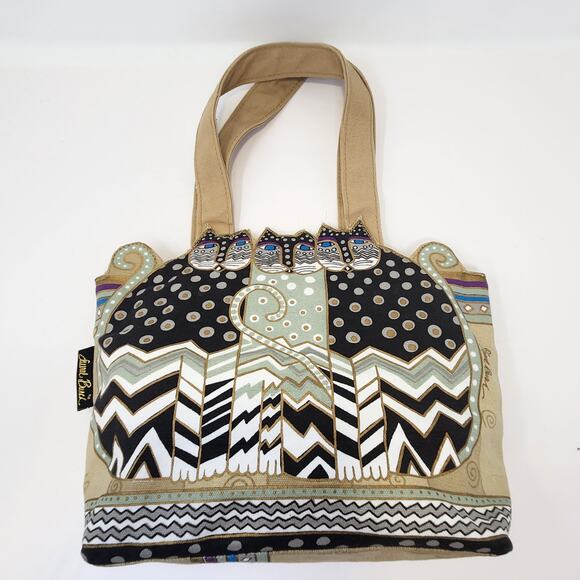 Laurel Burch 3 Cats Brown Green Small Canvas Tote Bag Purse Folk Art Feline - Picture 3 of 7